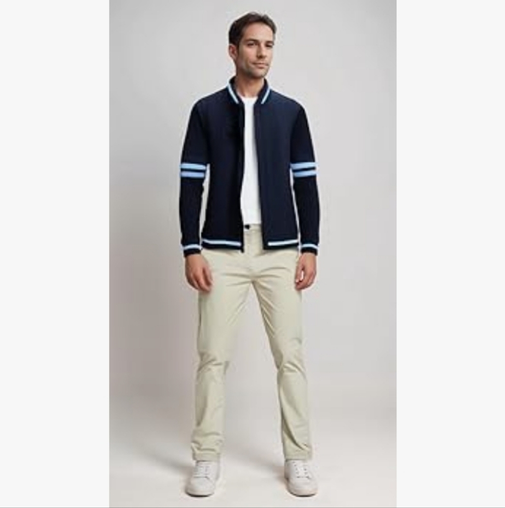 Full-Zip Cardigan Sweater, Knit Stand Collar, Sporty Casual M Blue